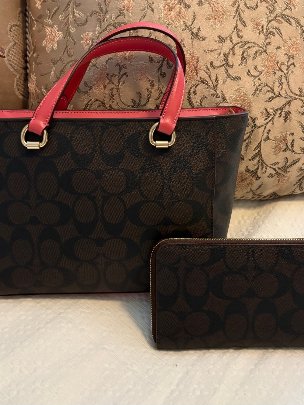 Coach Brown Signature Alice Tote with Brown/Watermelon Pink Trim and Wallet set - Picture 2 of 11